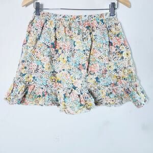 Luna Moon Floral Eyelet Embroidered Ruffle Mini Skirt Size Large Festival Boho